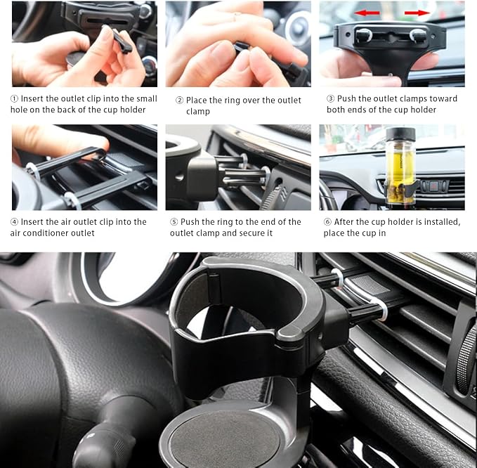 Ohleats Cup Holder for Car Air Vent, Adjustable Auto Vent Cup Holder Expander with 3 Kinds Mounting Clips, A/C Vent Drink Holder Stand for Coffee, Water, Juice, Tea, Car Accessories