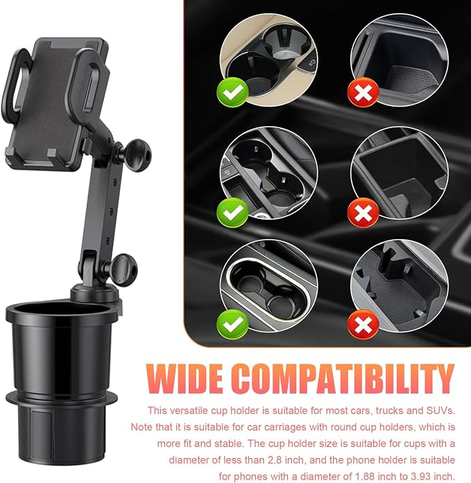 Car Cup Holder Mobile Phone Rack, Multi-Function 2 in 1 Cup Holder Expander, 360 Degrees Rotatable Automotive Phones Mount, Universal for Most Cars, Trucks, SUVs (Black)
