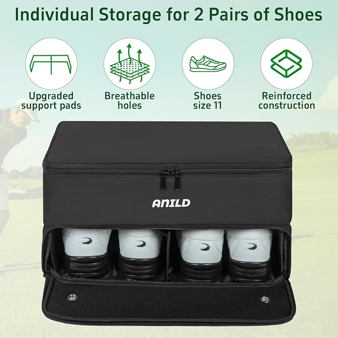 ANILD Golf Trunk Organizer, 2 Layer Golf Storage Case with Separate Ventilated Compartment for 2 Pair Shoes, for Balls, Tees, Clothes, Gloves, Accessories, Golfer Gifts