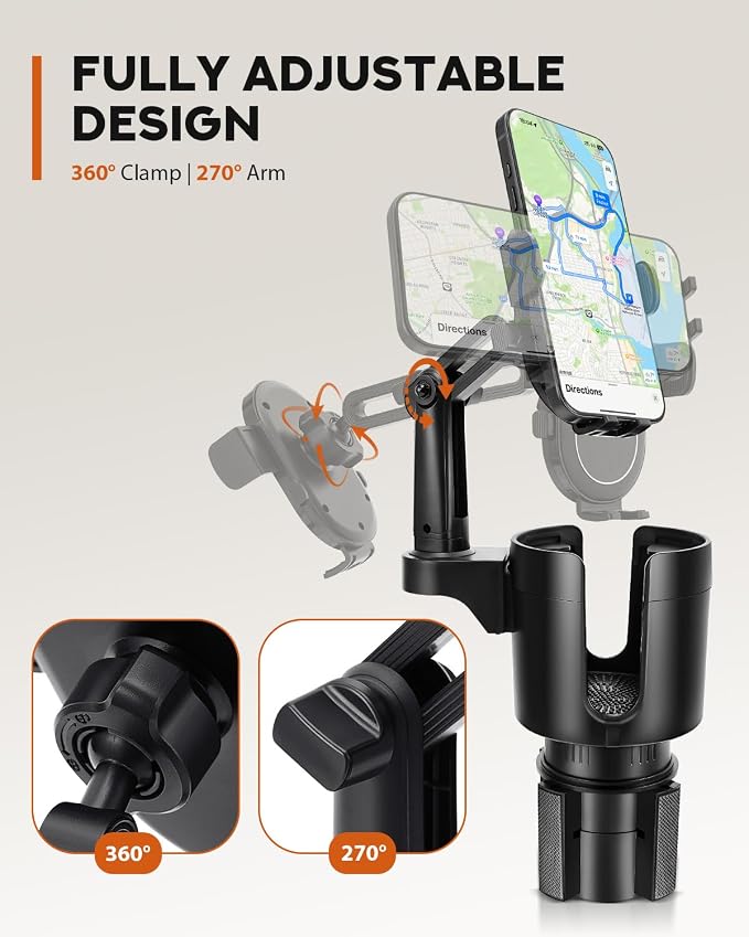 2 in 1 Universal Cup Holder Phones Mount for Car, Cup Holder Expander with Adjustable Base, 360° Roatation Cell Phone Holder with Long Arm Compatible with iPhone All Smartphones