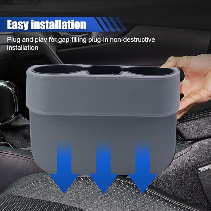 Car Cup Holder, Auto Front Seat Organizer, Multifunctional Cup Drink Holders with PU Leather Cover, Gap Filler Storage Box Coin Bucket Console Side Pocket Cell Mobile Phone Holder (Gray)