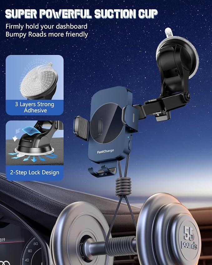 BothLin 3-in-1 Wireless Car Charger Mount, 15W Fast Charging Auto-Clamping Phone Holder for iPhone 17 16 15 14, Samsung Galaxy S24 S23, Dashboard, Vent & Windshield Car Mount(Deep Blue)