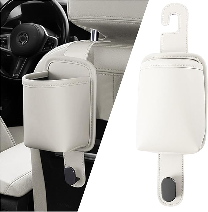 2-Pack Car Seat Back Cup Holder Organizer, White | Faux Leather, With Hooks, Universal Backseat Storage, For Drinks, Bottles & Travel Accessories
