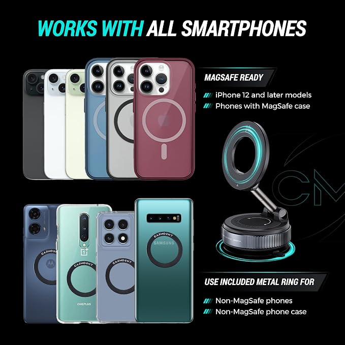 CARMOUNT Clutch-X™ Black – Vacuum Phone Mount Suction Cup Car Phone Holder for iPhone, Window Phone Mount for Travel, 360° Vacuum Magnetic Phone Holder for Car, Magnetic Phone Holder with Suction Cup