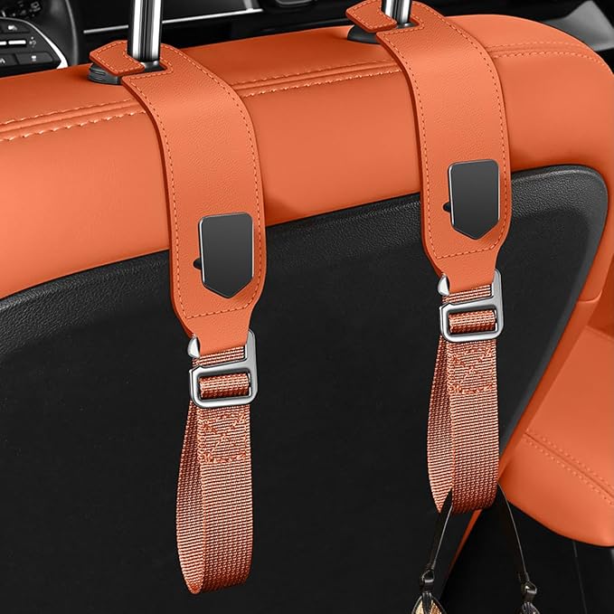 Car Seat Headrest Hooks, 2PCS Adjustable Microfibre Vehicle Seat Back Storage Hanger Holder for Handbag Purse Coat, Auto Interior Headrest Organizer Hook, Universal for SUV RV Lorry (Orange)