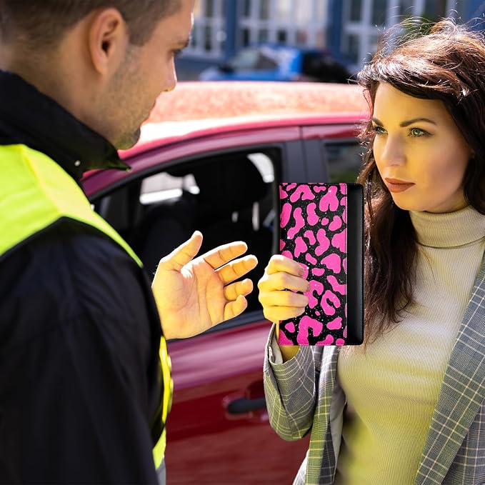 Car Registration and Insurance Holder with Magnetic Closure, Universal Document Organizer for License, Insurance Cards & Glove Box Storage (Leopard-Glitter Hot Pink)