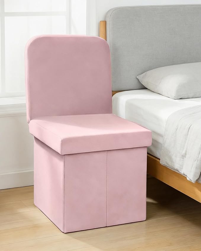 B FSOBEIIALEO Velvet Storage Ottoman with Seat Back, Folding Storage Chair for Living Room, Space-Saving Room Organizer Cubes, Toy Chest Storage Cubes Box (Pink, Medium)