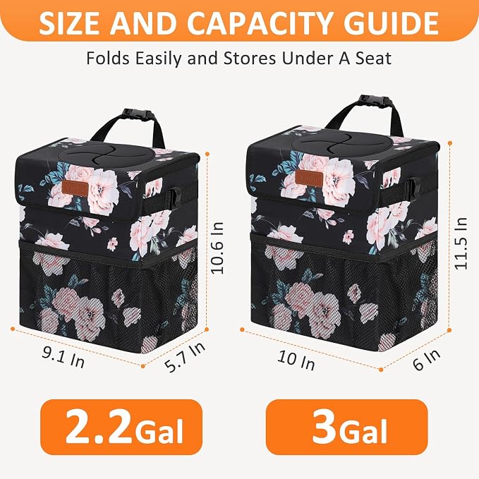 Vankor 3 Gallons Car Trash Can with Lid, Car Bag Bin Hanging Waterproof Automotive Garbage Cans Leak Proof Vehicle Trash Can Black Floral