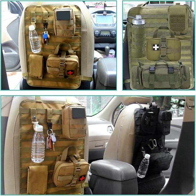 2 PCS Car Seat Back Organizer, Tactical MOLLE Sag Proof Vehicle Panel Backseat Cover Protector, Universal Molle Nylon Storage Bag Seat Back Hanger Pad for Car Truck SUV Pickup (Khaki)