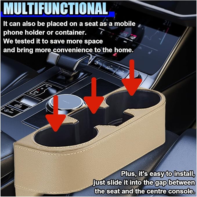 ZIMISI Car Cup Holder, PU Leather Auto Front Console Gap Filler Organizer, Multifunctional Cup Drink Holder, Car Seat Gap Filler Storage Box, Coin Bucket, Cell Mobile Phone Holder (Beige)