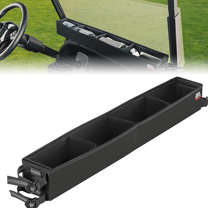 KEMIMOTO Golf Cart Inner Front Storage Basket No Drilling Golf Cart Organizer Foldable Universal Compatible with EZGO Drive Club Car Kandi Electric Golf Carts, 1680D Golf Cart Caddy Organizer, Black