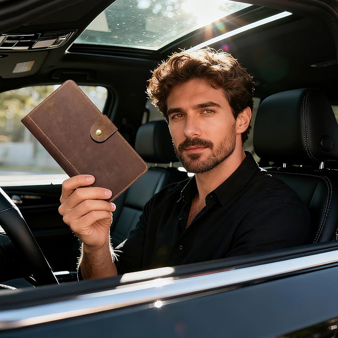 CoBak Genuine Leather Car Registration and Insurance Holder–Luxury Vehicle Glove Box Organizer, Premium Auto Document Case with Magnetic Closure for License, Cards & Papers,Brown