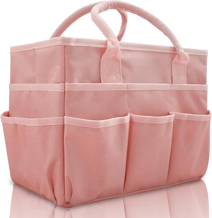 Cupohus Art Organizer Craft Storage Tote Bag with Pockets and Handles, Oxford Fabric Carrying Caddy for Teacher, Officer, Artist, Traveler, and more –Pink