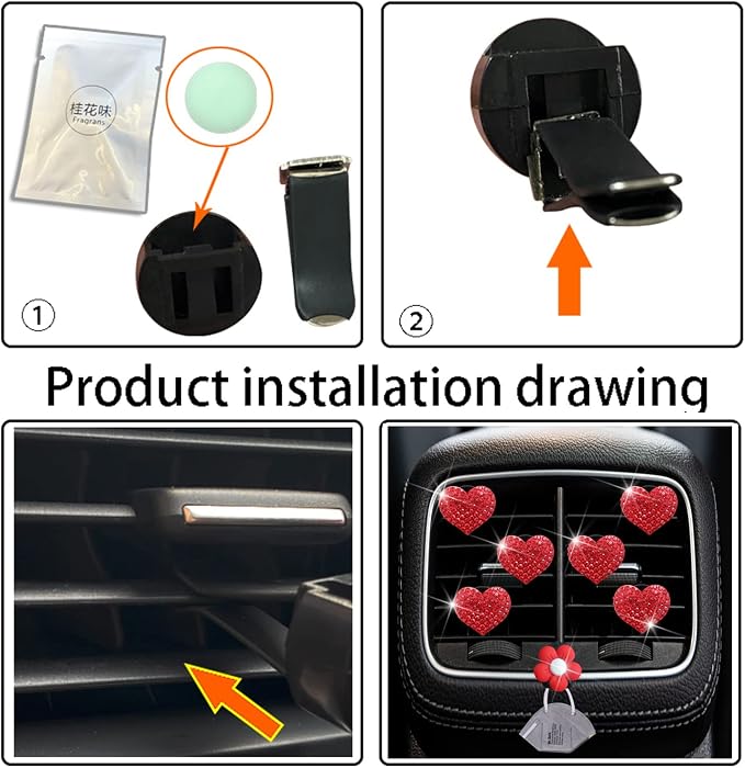 Bling Heart Air Vent Clips, 6 Pcs Red Heart Car Air Fresheners, Diamond Car Interior Decor Charm + Cute Sunflower Mask Hook