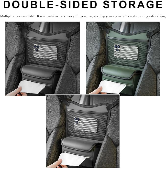Car Organizer Storage Between Seats, Leather Car Console Hanging Storage Organizer with Mesh Pocket Tissue Box, Multi-Functional Large Capacity Headrest Holder Bag for Purse Snack (Black)