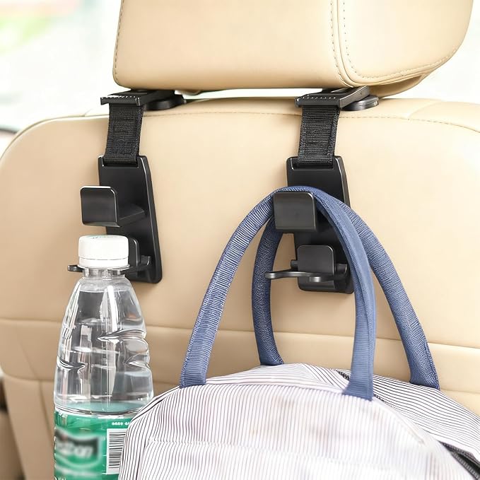 4PCS Car Headrest Hooks, Vehicle Seat Front & Back Storage Hanger with Clip, 360° Adjustable Automotive Organizer Accessories for Purse Bags Grocery, Universal for Most Vehicles