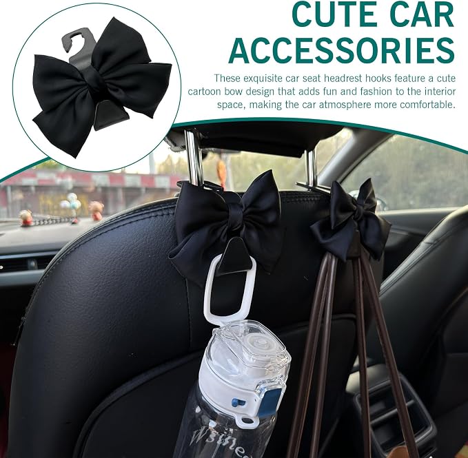 2PCS Car Seat Headrest Hooks, Car Purse Hook for Car, Cute Bow Car Rear Seat Storage Hooks, Interior Decorating Accessories for Purses, Bags, Umbrellas (Black)