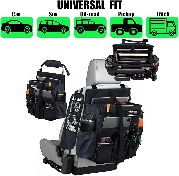 2 Pack Front & Seat back organizer with dedicated tablet and 17 IN laptop storage stabilizers external stabilizing side straps soft adjustable shoulder straps hardened buckle (Large Black)