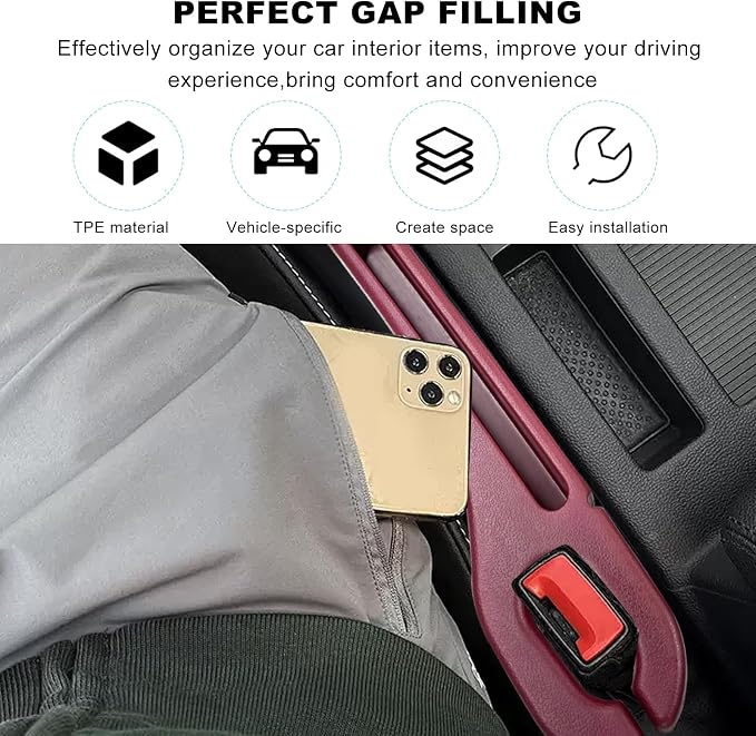 2 PCS Car Seat Gap Filler, Multifunctional Side Seat Gap Stopper Organizer with Phone Holder, Automotive Crevice Blocker Plug Between Seats Console to Prevent Dropping (Red)