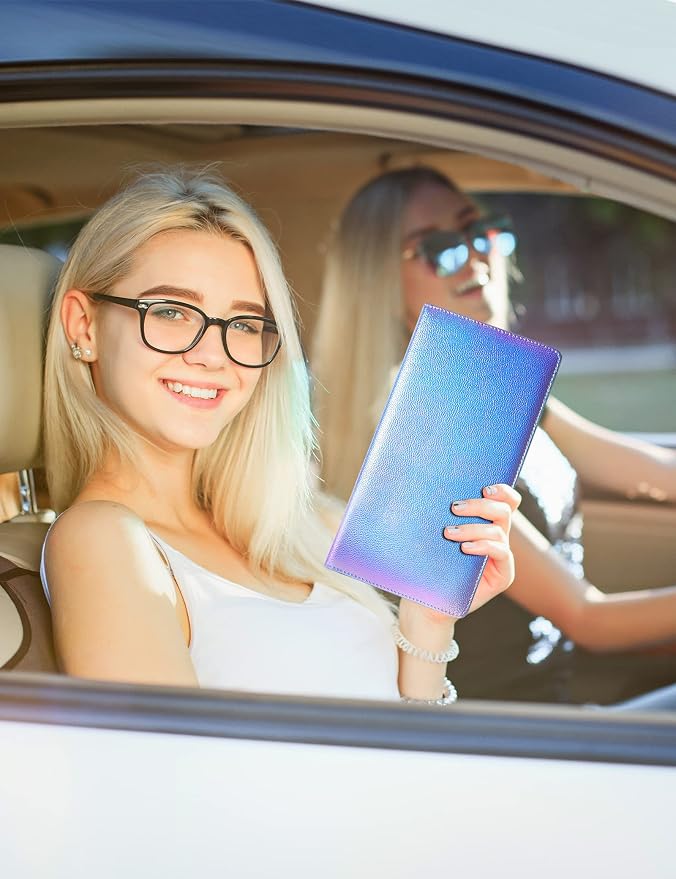 Mymazn Car Registration and Insurance Holder, PU Leather Glove Box Car Organizer with Magnetic Closure, Car Document Holder for Driver's License & Essential Documents (Iridescent blue)