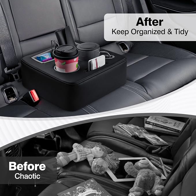 Autorder Back Seat Cup Holder for Car, Couch Cup Holder, Car Truck Boat RV Organizer, Holds Coffee Cups, Books, Phones, Remote Controls - PU Leather Black