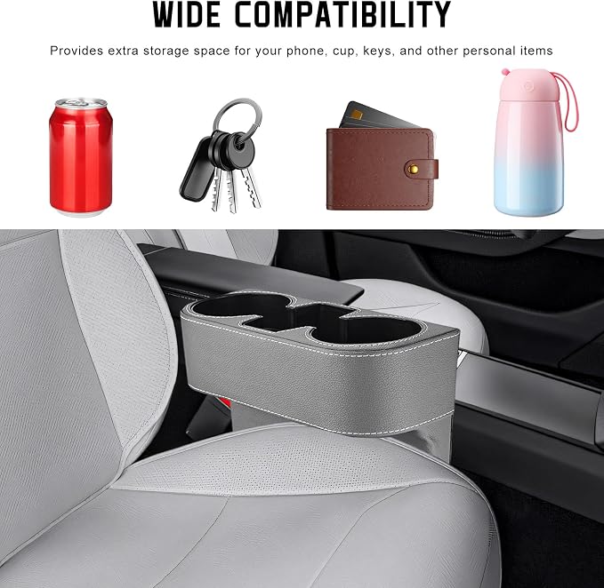 Car Cup Holder Gap Filler Organizer, Multifunctional Car Console Side Organizer with 2 Cup Holders, Leather Seat Gap Filler Portable Drink Holders Storage Box for Most Vehicles (Gray)