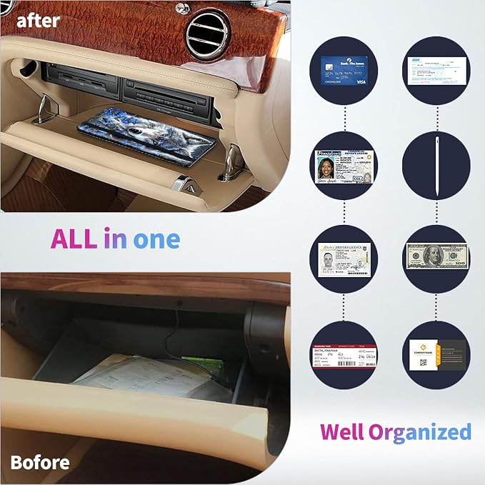 Car Registration and Insurance Holder,Leather Insurance License and Registration Card Holder for Car Glove Box, Auto Truck Document Holder Organizer for Men Women-White wolf with Blue Flowers