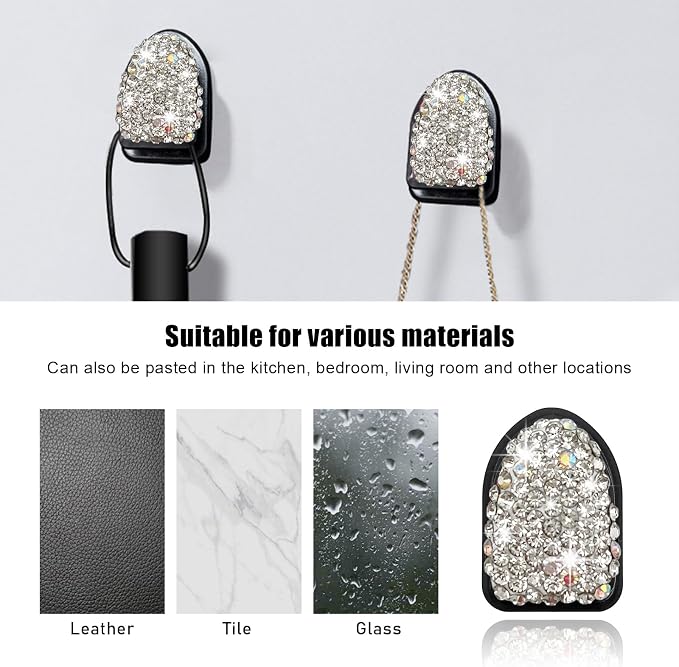 Yourkar 4PCS Bling Car Mini Hooks, Multifunctional Adhesive Small Auto Storage Hook for Key Cable Mask, Crystal Rhinestone Dashboard Hanging Hook, Interior Decor Car Accessories (White)