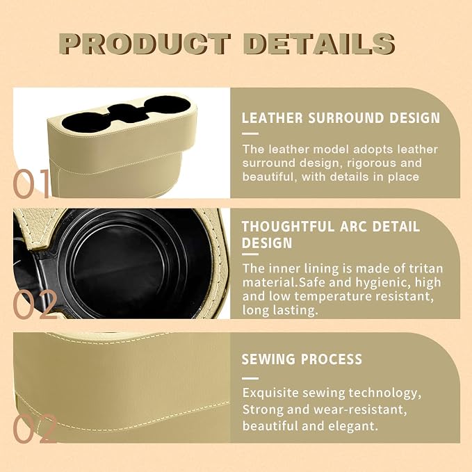 Car Cup Holder, PU Leather Auto Front Seat Organizer, Multifunctional Cup Drink Holders, Gap Filler Storage Box Coin Bucket Console Side Pocket Cell Mobile Phone Holder (Beige)