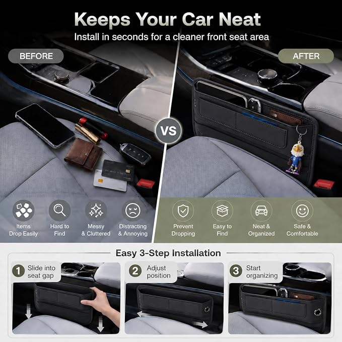 Car Seat Gap Filler, 1 Pack Anti-Fall PU Leather Seat Gap Organizer, Stop Phone Keys Coins Sunglasses from Dropping into Seat Crevice, Universal Front Seat Side Storage for Cars, SUV and Truck
