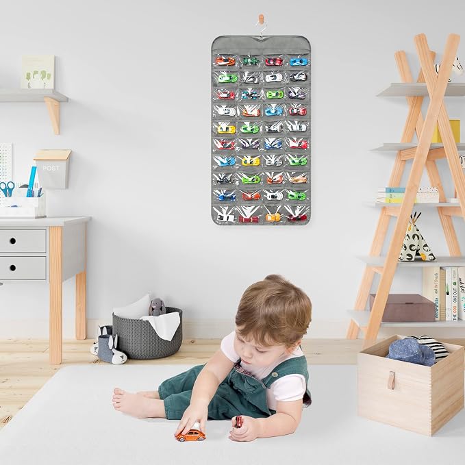 Hanging Organizers for Toy Car Double Sided 80 Pockets Display Case for Toy Cars (Without Toy Cars) (80 Slots Gray)