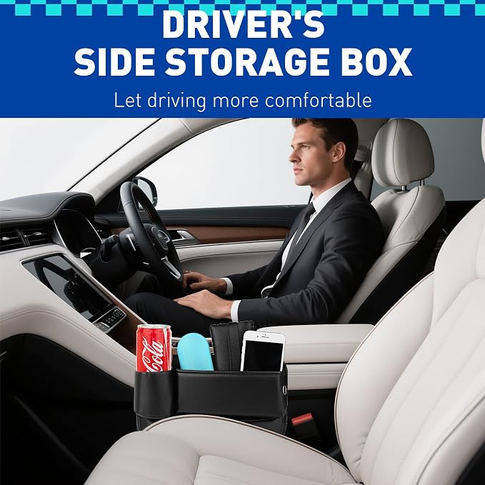 Universal PU Leather Car Seat Gap Filler Organizer with Cup Holder | Center Console Multi-Purpose Essentials Organizer with Phone, Keys, Card Storage Bag, Gifts for Car SUV Truck Owners