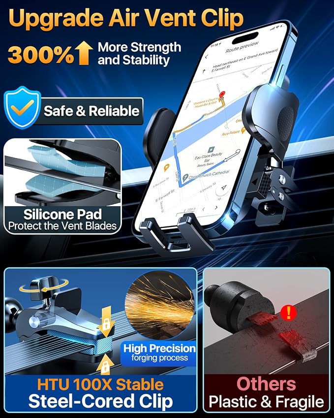 HTU Car Phone Holderใ2026 Upgraded 100+LBS Suction & Safety Certใ Cell Phone Car Mount for Truck Heavy Duty Phone Holder for Dashboard/Windshield/Vent for iPhone 17 16 Pro Max, Sapphire Blue