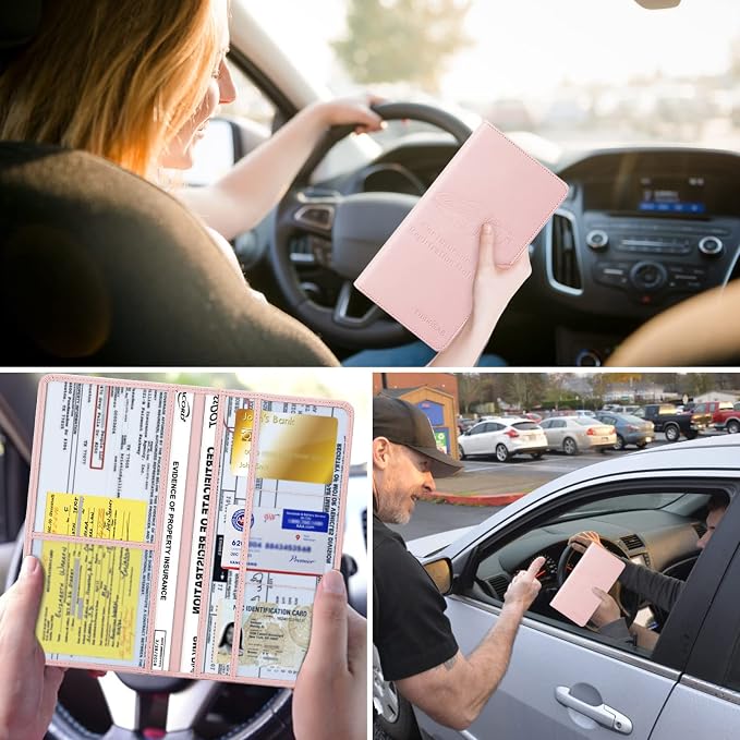 TILDOSAC 2Pack Leather Car Registration and Insurance Card Holder, Car Document Holder for Cards License with Magnetic Shut (Pink+Black)