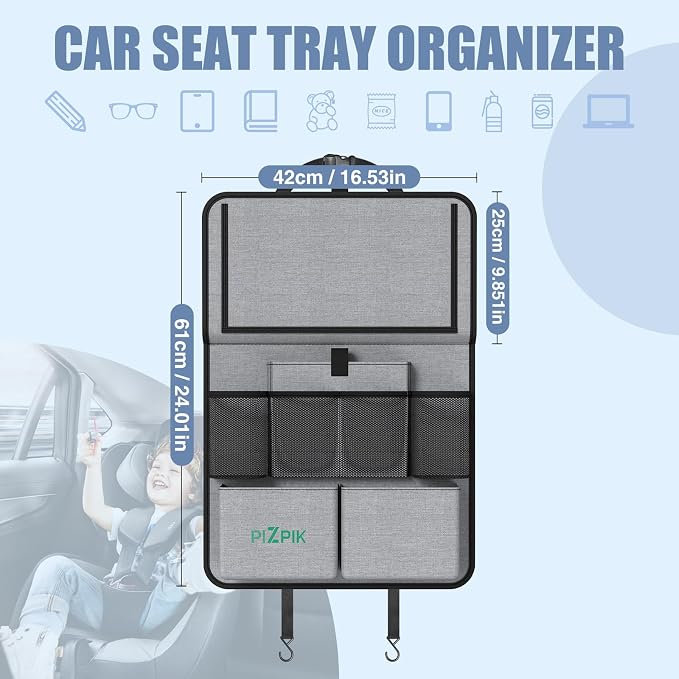 Plzpik Car Backseat Organizer with Tablet Holder,11 Storage Pockets with Foldable Food Tray, Protector Kick Mats for Kids, Travel Accessories Organizer (Gray, 1Pack)