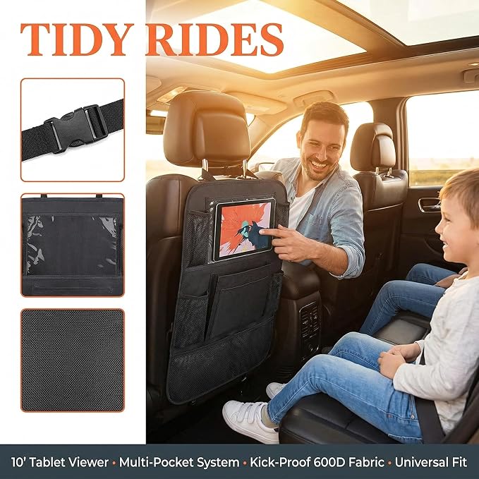 Car Backseat Organizer with Tablet Holder for Kids Toddlers | 9 Storage Pockets, Kick Mats Seat Protector, Waterproof, Universal Fit, Travel Accessories