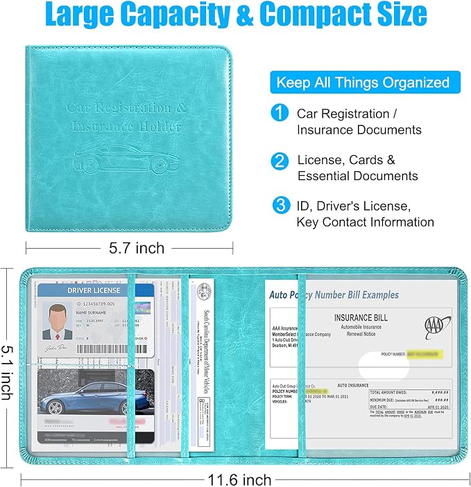 DMLuna Car Registration and Insurance Holder, Folio Leather Vehicle Card Document Glove Box Organizer, Auto Truck Compartment Accessories for Essential Information, Driver License Cards, Sky Blue