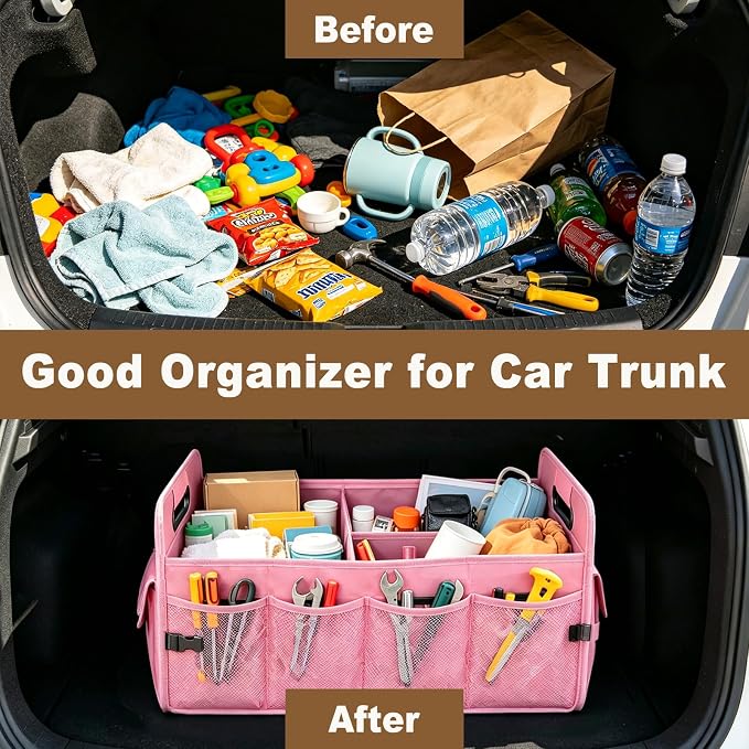 Car Trunk Organizer SUV | Foldable Waterproof Basket with Front & Side Pockets | Large Capacity Durable Oxford Cloth | Car Essentials for Women, Backseat & Truck Bed | Pink