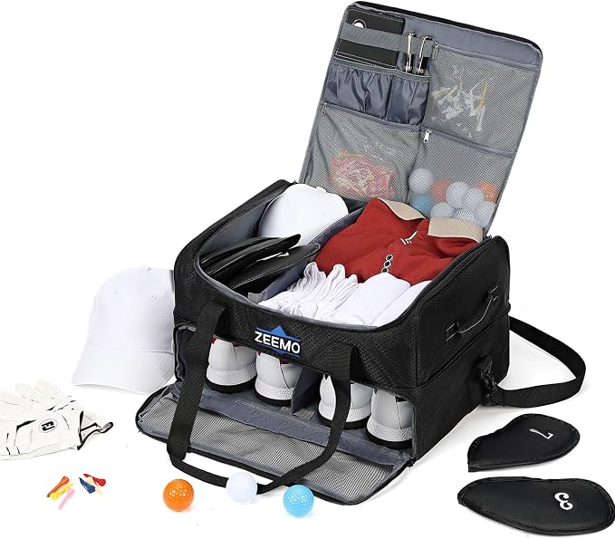 ZEEMO Golf Trunk Organizer, 2 Layer Car Locker with Ventilated Compartment for 2 Pair Shoes, Travel Storage Bag for Accessories, Black