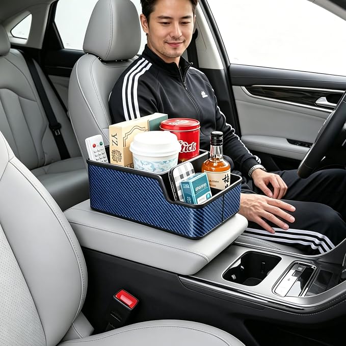 Car Front Seat Organizer with Compartment,Center Console Armrest Storage Box,Car Seat Cup Holder Tray,Back Seat Small Caddy,Car Organizer and Storage with Non-Slip Pat,fit for Truck,SUV,Van (Blue)