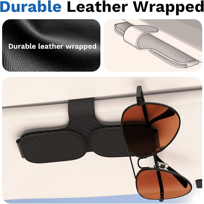 BFXM Sunglass Holder for Car Double Clip, Car Accessories Sunglasses Clip for Car Visor, Magnetic Leather for Car Visor, Cars Sun Visor Ticket Card Clip