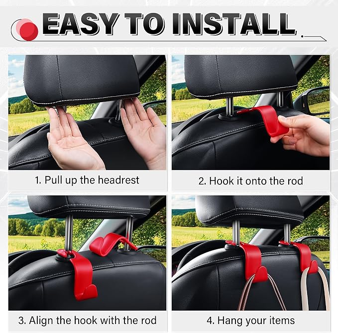 SINGARO 4 Pack Car Seat Headrest Hooks, Vehicle Back Seat Hanger Storage Organizer for Purse Handbag Backpack Coat Grocery, 360° Rotating Heavy Duty Holds 44lbs, Red