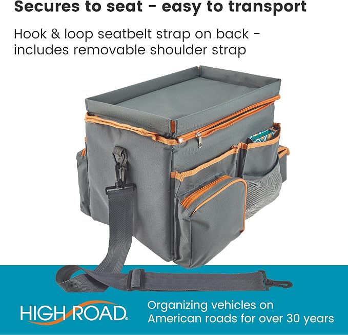 High Road CarHop Front Seat Car Organizer with Car Cup Holder, Passenger Seat Tray and Padded Filing or Cooler Compartment with Side Pocket Storage, Gray