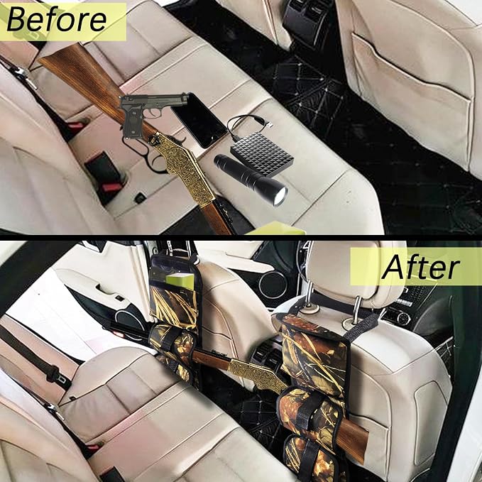 Seat Back Gun Rack, 2 Pack Truck Gun Rack Foldable Car Seat Back Gun Holder Camo Rifle Holder with Storage Pockets, Gun Sling Bag for Hunting Rifles/Shotguns, Fit Most Truck SUV