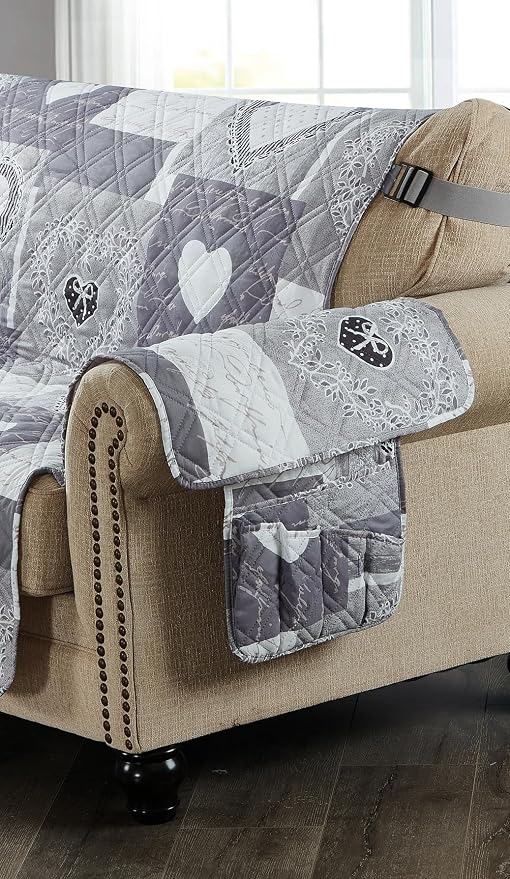 Brilliant Sunshine Grey Heart Love Patchwork Couch Armrest Organizer, Non Slip Armchair Caddy for Sofa Recliner, Washable Remote Control Holder, Storage for Magazine, Phone, iPad (35"×13")