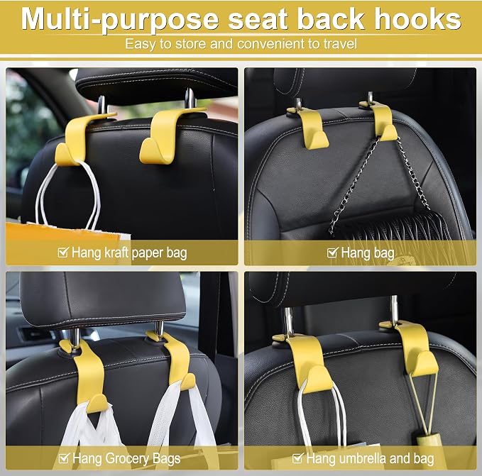 LivTee Car Seat Headrest Hook, Car Headrest Hidden Hook, 4 Pack Universal Auto Car Back Seat Hook Organizer for Purse Coat, Car Interior Accessories (Yellow)
