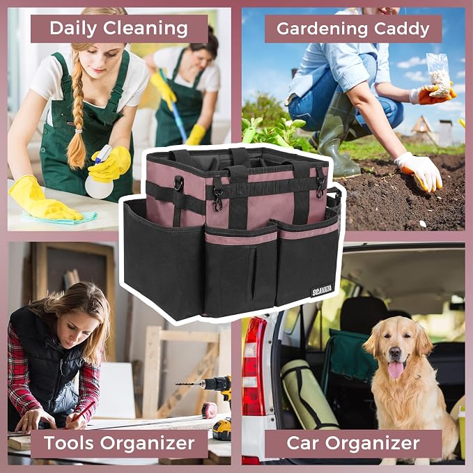 SCAVATA Compact Wearable Cleaning Caddy, Small Cleaning Caddy Supplies Organizer with Handle & Shoulder Straps for Housekeepers, Under Sink & Car Cleaning Tool Organizers Bag (LotusPink)