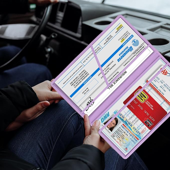 TOURSUIT Car Registration and Insurance Card Holder, Vehicle License Document Glove Box Compartment Organizer, Interior Car Accessories for Women Men (Purple)