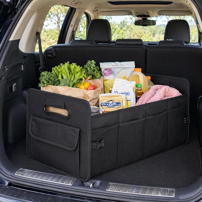 Car Trunk Organizer for SUV, Foldable Waterproof Basket with Front & Side Pockets, Large Capacity Durable Oxford Cloth Storage for Car Organization