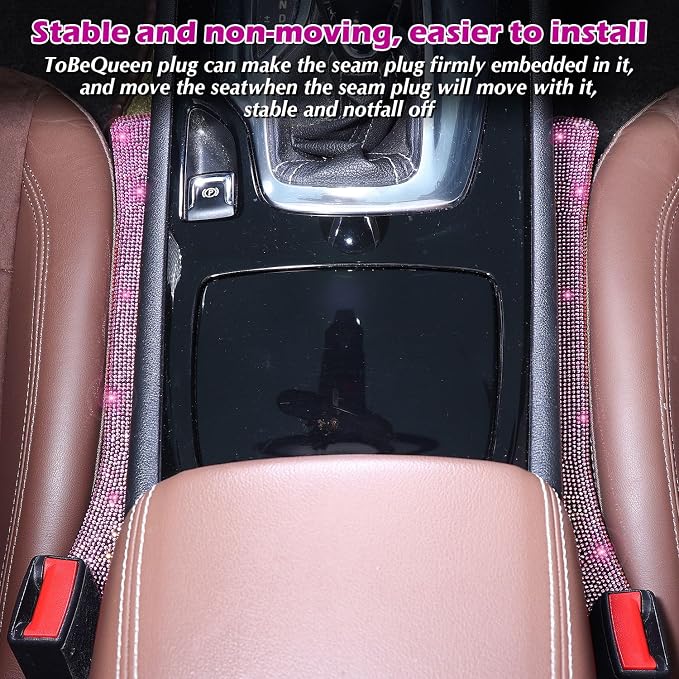 Briwill Pink Car Seat Gap Filler, Set of 2 Pink Bling Car Gap Filler Universal Fit for Car SUV Truck, Handmade Crystal Rhinestone Diamond Pink Bling Car Accessories for Women(Pink)